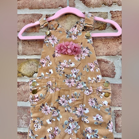 Little Lass Brown Tan Floral Overalls - Picture 2 of 8